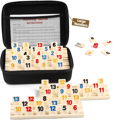 Juego de cubo Rummy con estuche y 4 bastidores de madera/bandejas, 106 juegos de azulejos Rummy Juego de juego clásico de viaje con 4 soportes de