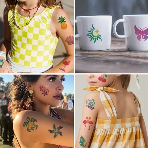 Miniatura 3 de CHARLENT Tatuajes temporales con purpurina para decoración de fiesta Aloha – 74 hojas individuales con purpurina de tatuajes de verano para niños