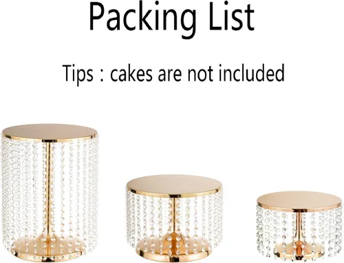 Miniatura 5 de Bigsee Juego de 3 soportes para pasteles dorados, soporte de pastel de metal con espejo, pedestal de pastel con colgantes de cristal y cuentas