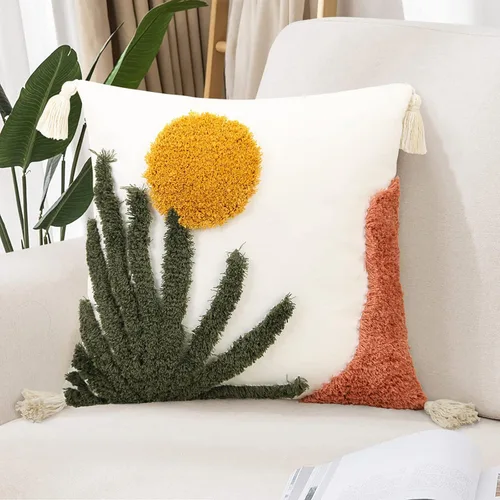 Merrycolor Fundas de Almohada Decorativa Boho de 18x18 con Mechones, Fundas de Almohada Decorativas con Borlas, Diseño Abstracto de Sol y Hojas de