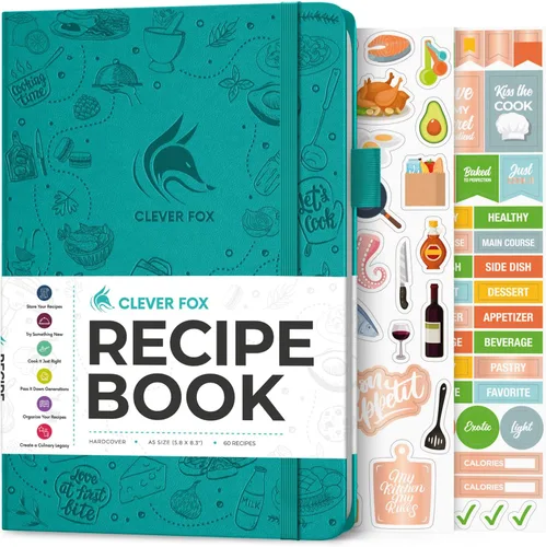 Clever Fox Libro de recetas - Libro de cocina familiar en blanco - Diario de cocina vacío - Organizador de cuadernos para escribir recetas - Turquesa