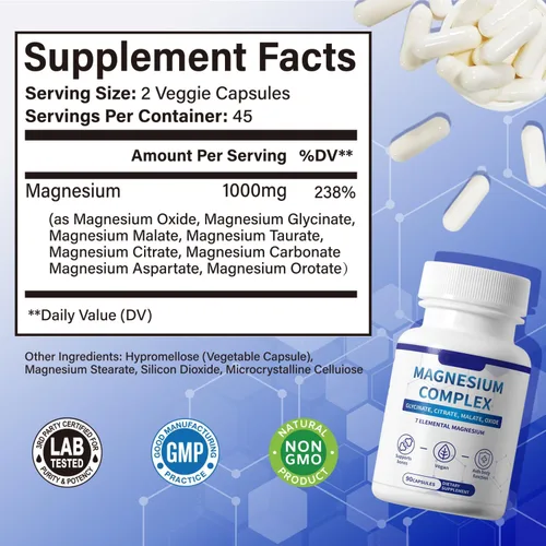 Miniatura 9 de Complejo de magnesio de 1000 mg con 8 tipos - glicinato, citrato, malato - Apoya la relajación muscular, la salud ósea, la producción de energía