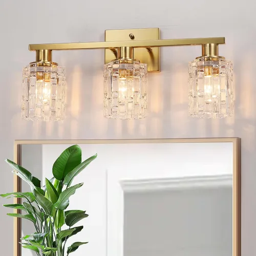 Miniatura 9 de 2 luces de tocador de baño de oro cepillado sobre el espejo, iluminación moderna de tocador con pantalla de cristal de cristal, accesorios