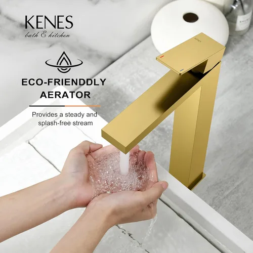 Miniatura 5 de KENES Grifo de Baño Alto de Oro Cepillado, Grifo de Lavabo de Una Sola Manija para Lavabo de Recipiente, Grifo de Baño de Tocador Dorado con Líneas