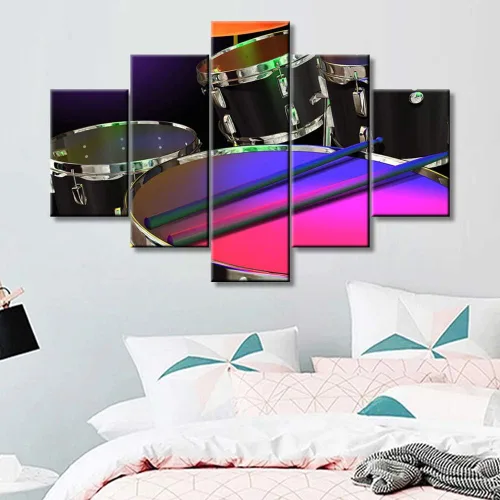 Miniatura 18 de Arte de pared en blanco y negro, kit de batería de jazz morado sobre fondo negro, pinturas de 5 paneles, lienzo, arte de pared para decoración
