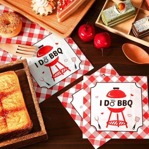 Miniatura 4 de Gueevin 100 servilletas de cóctel I Do BBQ, decoraciones de barbacoa rojo y blanco, servilletas a cuadros de papel desechable para bodas, despedidas