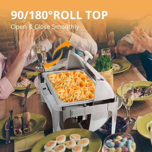 Miniatura 4 de ROVSUN Juego de 3 platos de bufé con tapa enrollable, 9 cuartos de galón de acero inoxidable NSF rectangular para catering, servidores de bufé