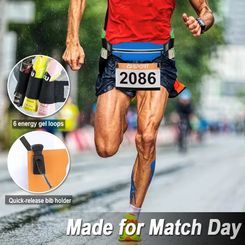 Miniatura 3 de RJ-Sport Cinturón de triatlón con bolsa, soporte para babero con número de carrera con 6 trabillas de gel, ideal para correr, ciclismo y maratón 01