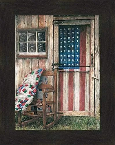 'American Rocker' por Ed Wargo 16 x 20 pulgadas, bandera roja, blanca, azul, Estados Unidos, patriótica, estrellas, rayas, silla, país envejecido,