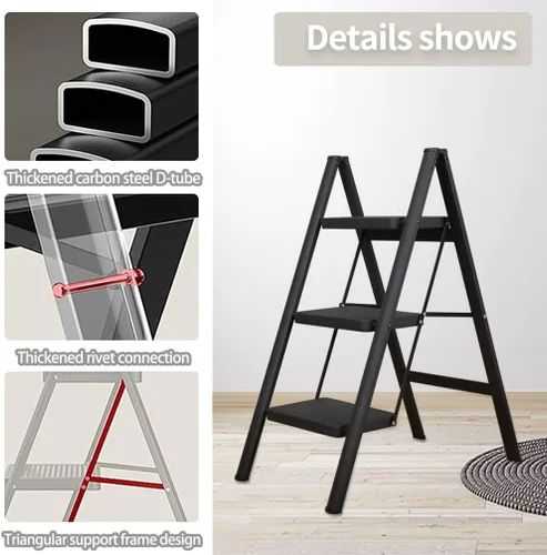 Miniatura 4 de Hershii Taburete plegable portátil de 3 escalones con pedal antideslizante, resistente y ancho, escalera de metal de acero para el hogar, estante