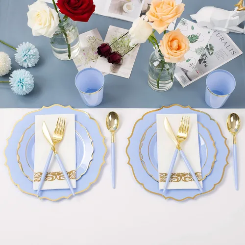 Miniatura 3 de Elegante juego de vajilla desechable azul y dorado para 25 invitados, 175 platos de plástico resistente, tazas y cubiertos dorados para baby