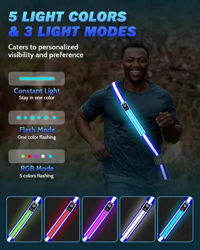 Miniatura 2 de Fitense LED Reflective Belt Sash - 5 Lights Colors & 3 Light Modes High Visibility Night Safety Belt, Rechargeable Light Up Running Gear Adjustable