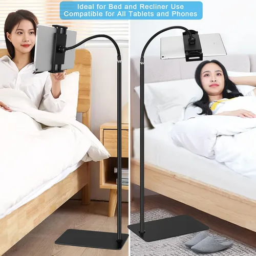 Miniatura 3 de Soporte de suelo para tableta con base de doble peso, soporte de metal giratorio de 360 grados con soporte flexible de cuello de cisne de brazo