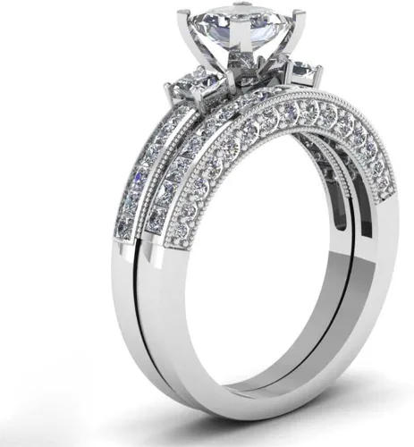 Miniatura 7 de LOVERSRING Juego de 3 anillos para parejas para él y para ella para mujer chapado en oro blanco corazón y titanio anillo de boda