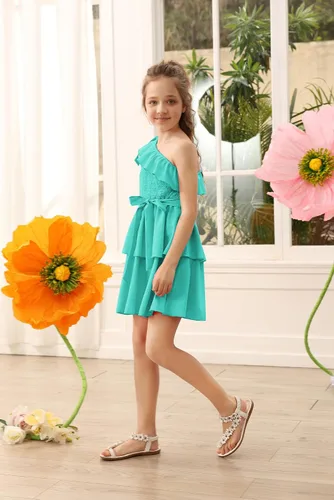 Miniatura 4 de Danna Belle Vestido de fiesta de verano para niñas, con un hombro, volantes, escalonado, ropa de regalo, tallas 5-14