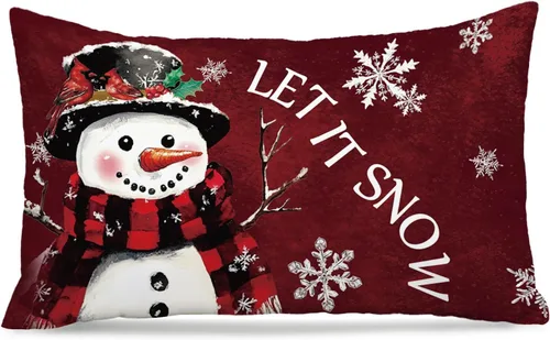 Funda de almohada roja de muñeco de nieve de Navidad de 12x20, decoración vintage de Navidad, fundas de almohada decorativas de copos de nieve de