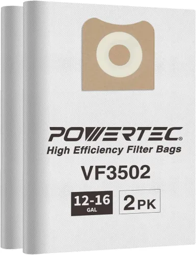 POWERTEC 23743 VF3502 - Bolsas para aspiradora Ridgid, tamaño A, paquete de 2, 12-16 galones, bolsas de vacío para Ridgid HD1200, HD1400 Wet Dry Vac