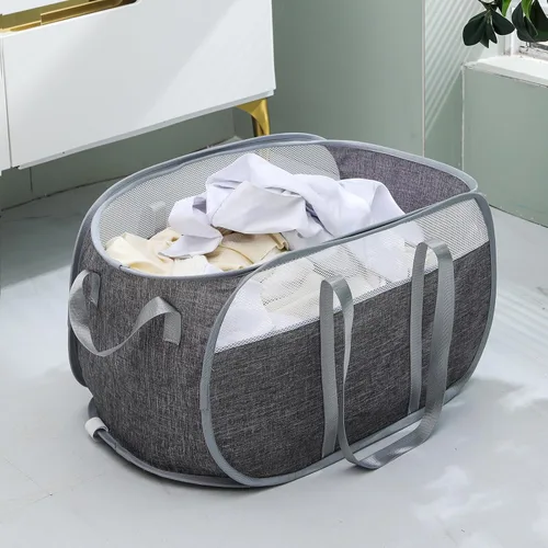 Miniatura 3 de Cesta de lavandería desplegable, de malla, con correas extendidas para los hombros, asas resistentes y tela catiónica de primera calidad (gris)