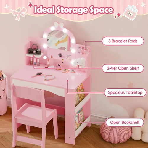 Miniatura 2 de MU Tocador infantil con luces, juego de mesa y silla de maquillaje de princesa para niñas, escritorio de tocador para niños pequeños con estantería