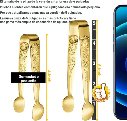 Miniatura 3 de HINMAY 6 pinzas pequeñas para servir de 5 pulgadas, pequeñas pinzas de metal para fiestas de té, cafeterías, postres (dorado)