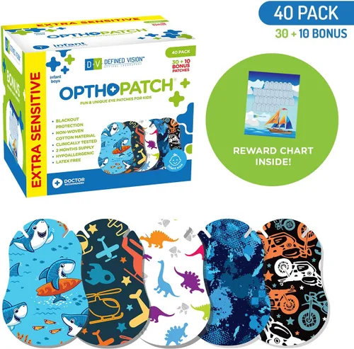 Miniatura 2 de Opthopatch Parches oculares para bebés – Adhesivo extra sensible – Diseño para niños [Serie I] – 40 unidades + 1 tabla de recompensas