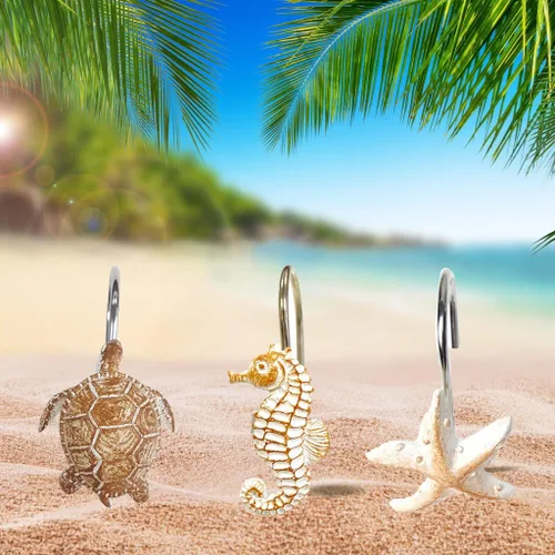 Miniatura 4 de YUKUNTANG Seashell - Ganchos para cortina de ducha, 12 piezas de anillos de cortina de ducha de resina decorativa antioxidante para baño, Concha