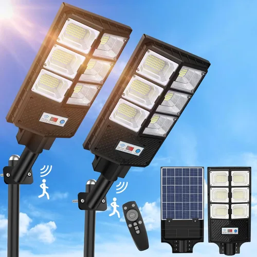 VUAA Paquete de 2 luces solares de calle para exteriores, impermeables, 6500K 10000LM, luces LED solares para exteriores del atardecer al amanecer,