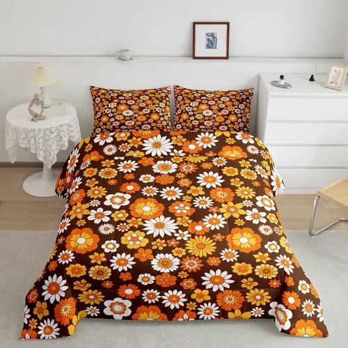 Miniatura 16 de Juego de ropa de cama con estampado floral bohemio, tamaño individual, diseño retro de flores groovy, 60S y 70S, juego de edredón de flores hippie