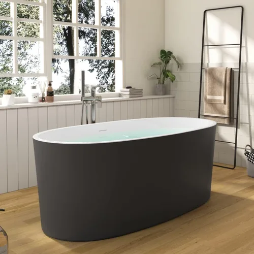Bañera independiente de acrílico Lucite de 59", forma columnar, tina de remojo contemporánea con desagüe central cromado con grifo de pie,