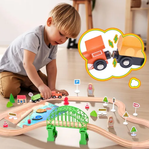 Miniatura 7 de Juego de tren de madera de 61 piezas para niños pequeños de 3 a 8 años, pista de tren expandible de doble cara con rompecabezas y juguetes de pesca