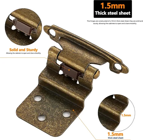 Miniatura 4 de Ravinte 10 paquetes de 5 pares de bisagras de gabinete de latón antiguo de 3/8" insertadas, bisagras de cierre automático para gabinetes y puertas
