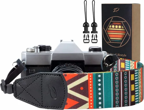 Padwa Lifestyle Correa Bohemia para Cámara - Correas para Cámara con Extremos de Cuero Genuino de 2" de Ancho para Fotógrafos, Correa de Tejido de