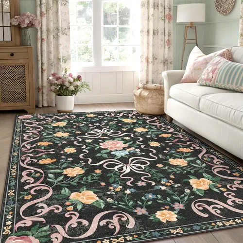 Miniatura 34 de Alfombra de área de 5 x 7 pies para sala de estar, alfombra verde boho antideslizante lavable, alfombra vintage de pelo bajo, alfombra grande