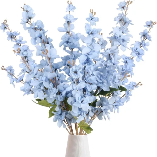 6PCS Flores Artificiales de Delphinium Azul Realistas de Seda Larkspur Flores Planta Tallos Largos de 35.43" Flores Falsas para Jarrón Alto Arreglos