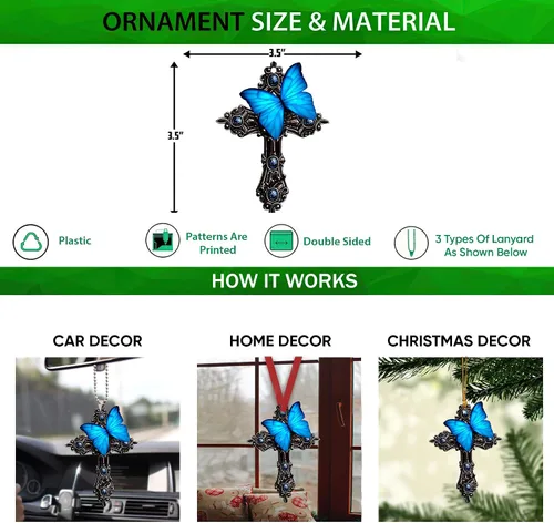 Miniatura 2 de Talataca Mariposa azul, orar por Dios Jesús CROS cristiano 2D espejo retrovisor plano coche accesorios de árbol de Navidad decoración colgante