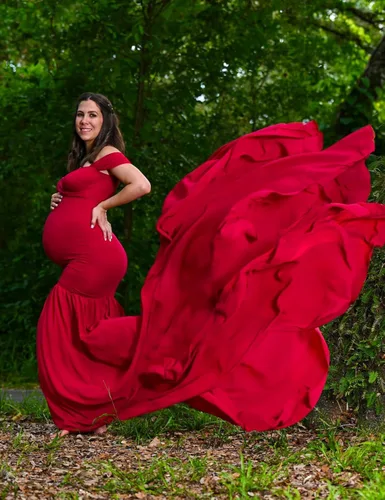 Miniatura 3 de ORQ Vestido de gasa de maternidad con hombros descubiertos para accesorios de fotos, vestido maxi de fotografía para sesión de fotos