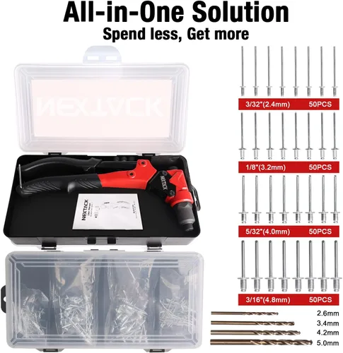 Miniatura 9 de NEXTACK Kit de herramientas Rivnut NT700 y kit de pistola remachadora NT200