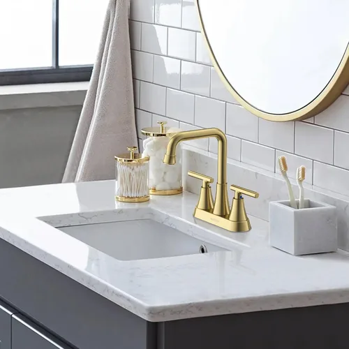 Miniatura 7 de Grifo para Lavabo de Baño, Hurran 4 Pulgadas Dorado Cepillado Grifos de Baño para Lavabo 3 Agujeros con Desagüe Pop-up y Mangueras de Suministro