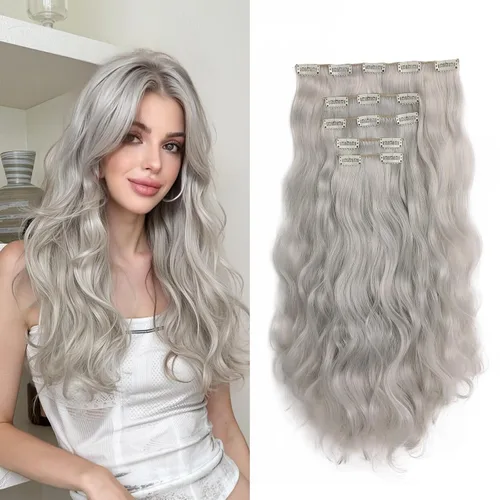 Miniatura 17 de Extensiones rubias onduladas con clip, de 18 pulgadas de largo, sintéticas, invisibles, gruesas, postizas, para mujeres, 5 piezas, rizadas, suaves
