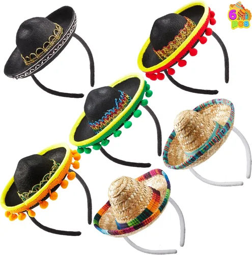 JOYIN 6 diademas de tela y sombrero de paja del Cinco de Mayo, para disfraz de fiesta divertida, suministros de fiesta, accesorios de fotos de