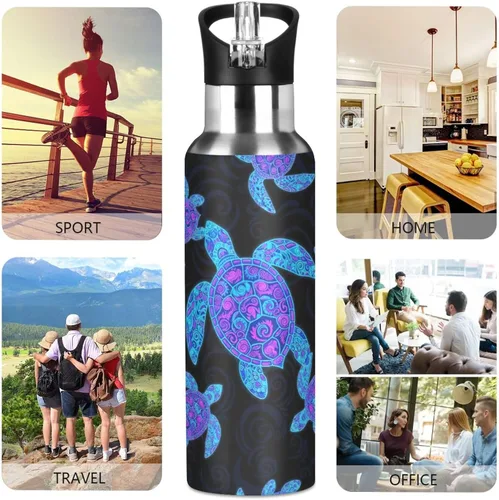 Miniatura 5 de Insulated Water Bottle 20 Oz, Leakproof Water Bottles for Gym Outdoor Travel School, Neon Sea Turtles Black