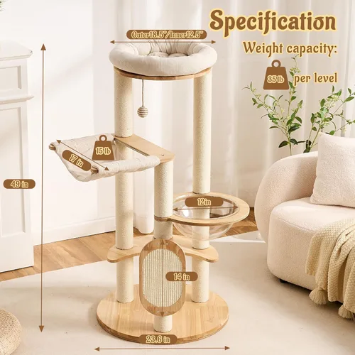 Miniatura 3 de Moderno árbol de madera maciza para gatos de interior de hasta 15 libras, torre para gatos de 49 pulgadas de alto con postes rascadores y rascador