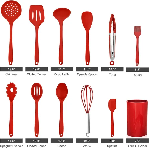 Miniatura 2 de LIANYU Utensilios de cocina de silicona roja de 12 piezas con soporte, juego de herramientas de cocina incluye espátula ranurada, cuchara, cucharón