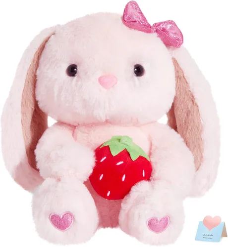 Conejo de Fresa de Peluche con Orejas Caídas, Animales de Peluche Rosa Esponjosos con Fresa, Juguete Blando para Regalo para Niños, Niñas y Niños