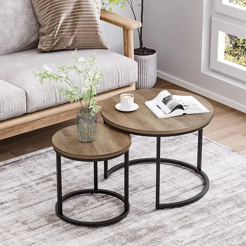 Miniatura 3 de Smuxee - Juego de 2 mesas de café anidadas, mesa de centro redonda de 23.6" con tapa de grano de madera y pies ajustables antideslizantes, mesa Roble