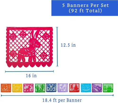 Miniatura 4 de Pancartas de fiesta mexicana (paquete de 5, 10 diseños de banderas de plástico por bandera) + piñata mexicana (grande de 32 pulgadas), pancarta