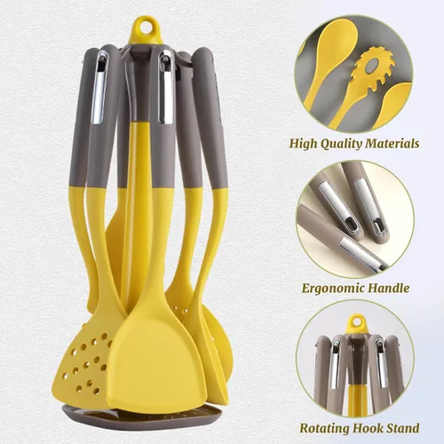 Miniatura 6 de Juego de utensilios de cocina para cocina, juego de utensilios de silicona de 7 piezas con soporte de almacenamiento giratorio, utensilios