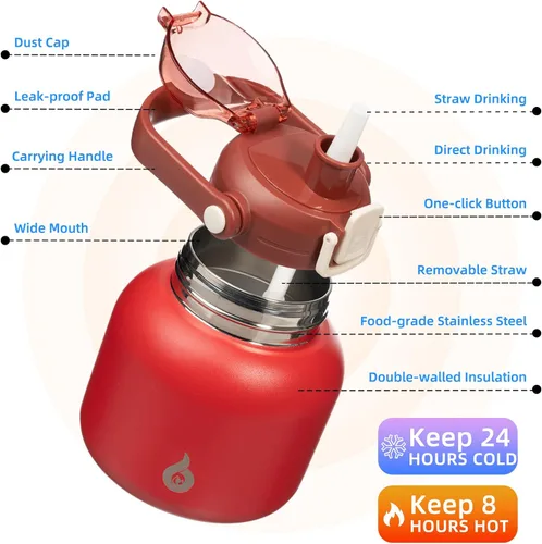 Miniatura 2 de BJPKPK - Botellas de agua aisladas con pajita, botellas de agua bonitas de 27 oz con asa, jarra de metal de acero inoxidable sin BPA, frascos 27 oz