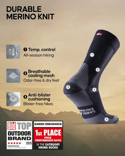 Miniatura 2 de DANISH ENDURANCE Calcetines de Senderismo de Lana Merino Tipo Crew para Hombres y Mujeres, Acolchados Anti-Ampollas, Transpirables - 3 Pares