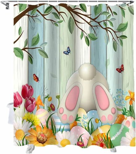 Miniatura 16 de LooPoP Cortina de ducha de Pascua con ganchos, tela impermeable, diseño de flores, zanahoria, conejo, juego de cortinas de ducha para baño, bañeras